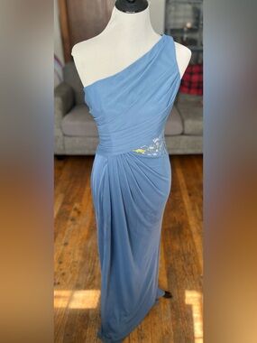 One-Shoulder Dusty Blue Evening Gown with Lace Waist